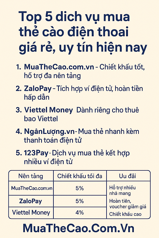 Top 5 dịch vụ mua thẻ cào điện thoại giá rẻ, uy tín hiện nay